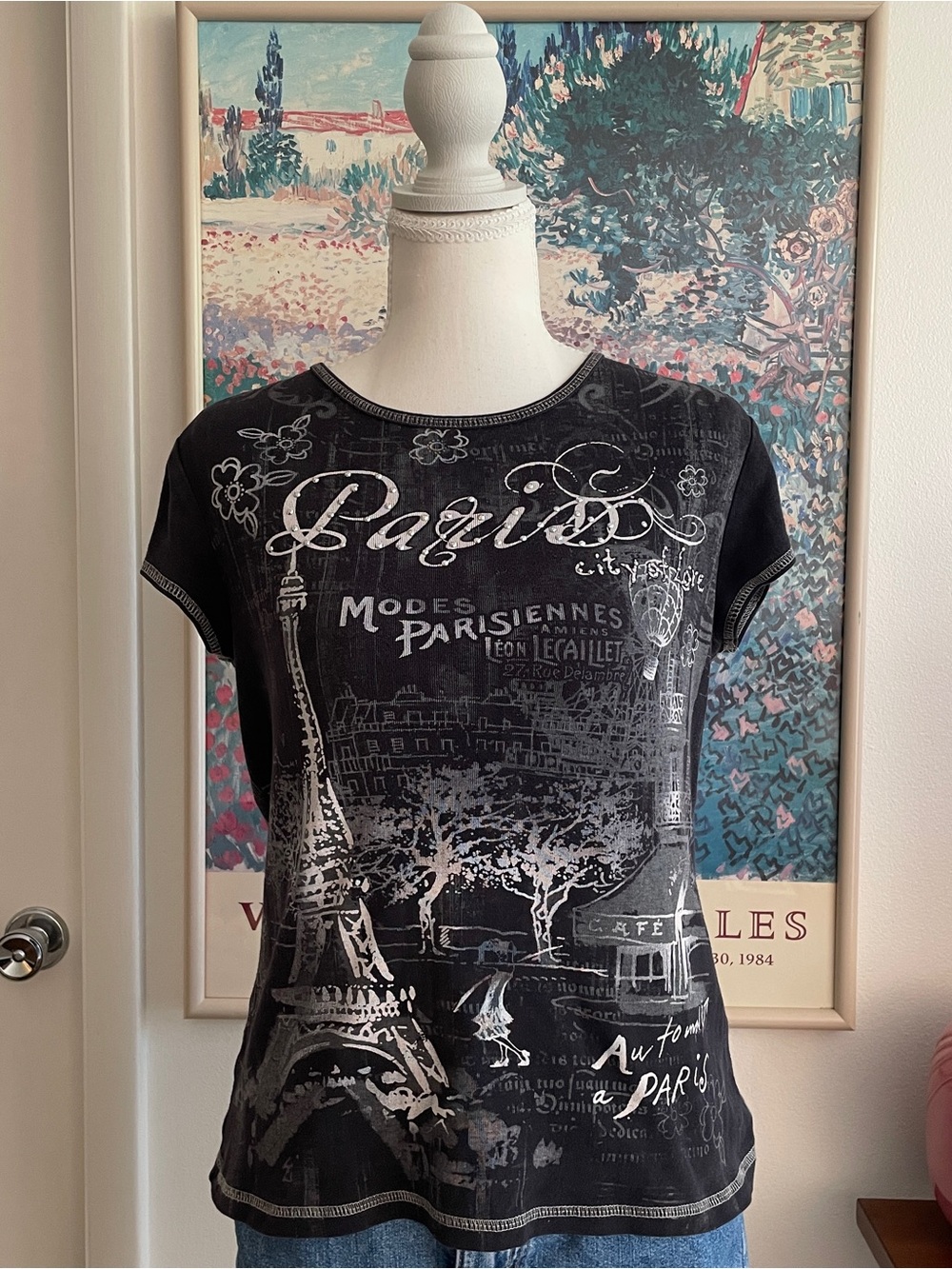 Vintage Y2K Paris Graphic Baby Tee Medium Black French Girl Parisian Blue Canyon